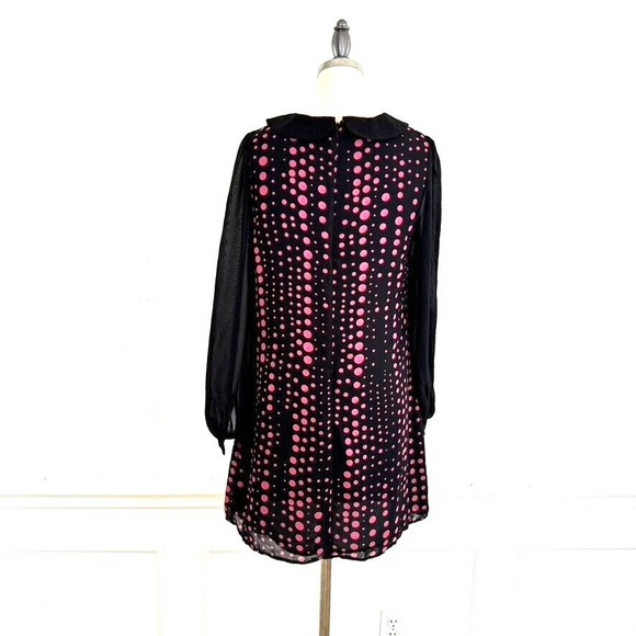 Therapy Dress 10 Black Pink Dots Sheer Sleeves Peter Pan Collar Wednesday Adams - Picture 3 of 10